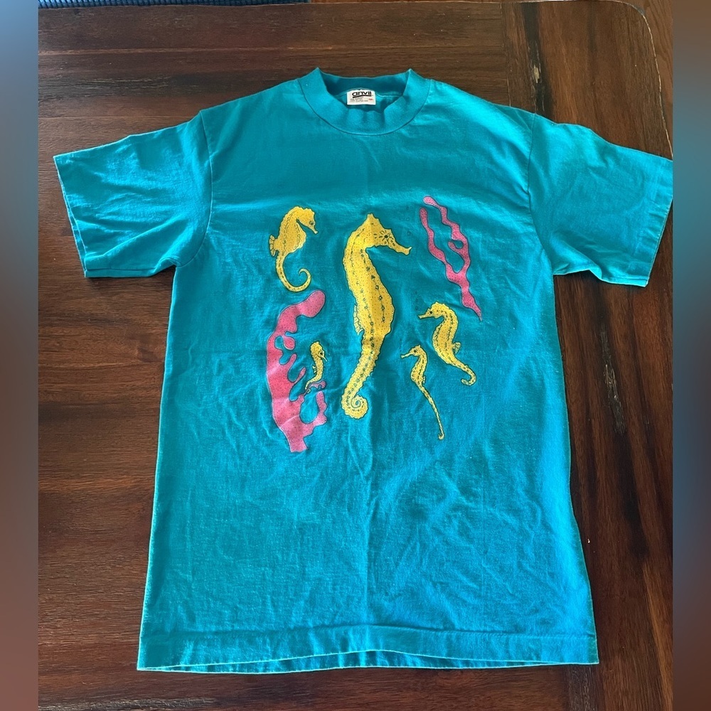 Vintage Anvil Seahorse Single Stitch Blue T-Shirt Size Medium